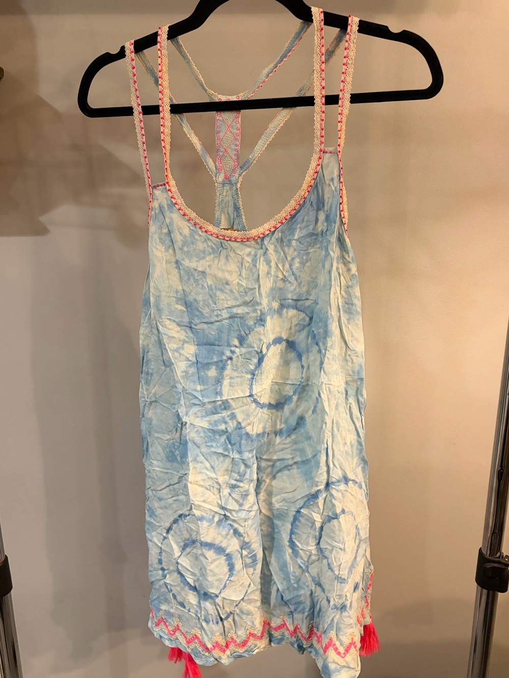 Skemo Light Blue Tie-Dye Mini Dress with Pink Trim and Tassels size large